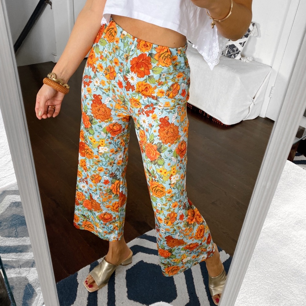 🌼 ZARA BOHO BLUE ORANGE FLORAL HIGH WAIST PANTS/LEGGINGS! - Picture 2 of 13